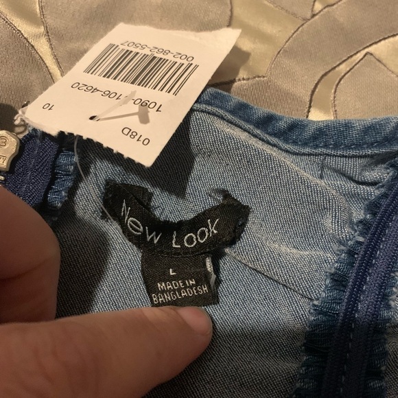 NWT Denim Ruched zip up back stretchy mini dress large , off shoulder - Picture 6 of 7